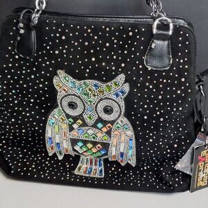 Handbag Express Rhinestone Owl Shoulder Hobo Bag Black
